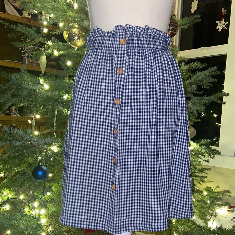 Gingham Plaid Check Navy Blue & White A-Line Cottagecore Skirt Paperbag Waist